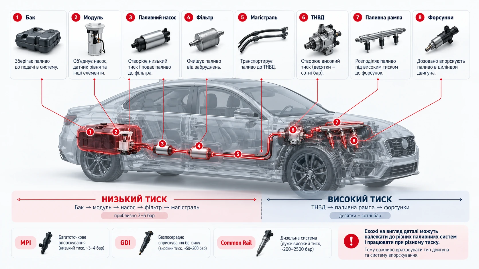 Шлях палива від бака до форсунок: модуль, насос, фільтр, магістраль, ТНВД, рампа та форсунки